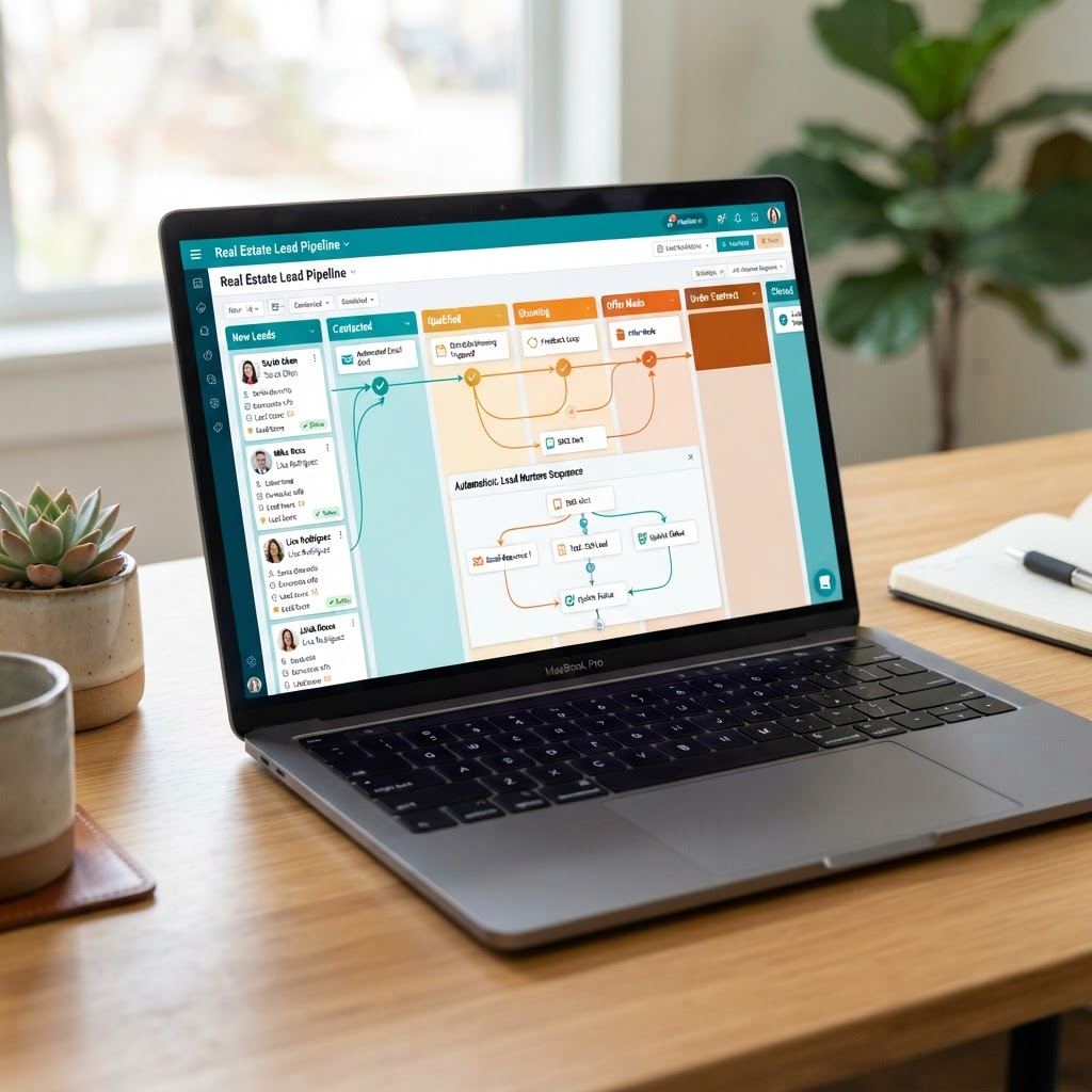 A CRM sales pipeline and automation workflow displayed on a laptop