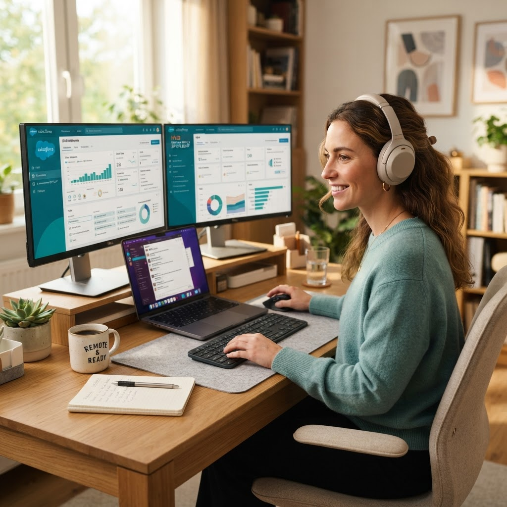 A virtual assistant wearing headphones working at a modern home office