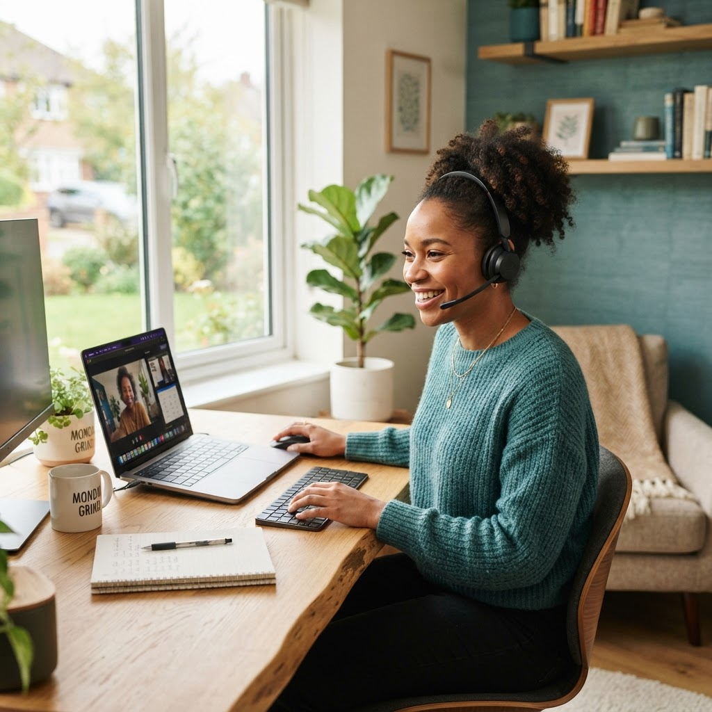 A remote professional smiling while working with a headset